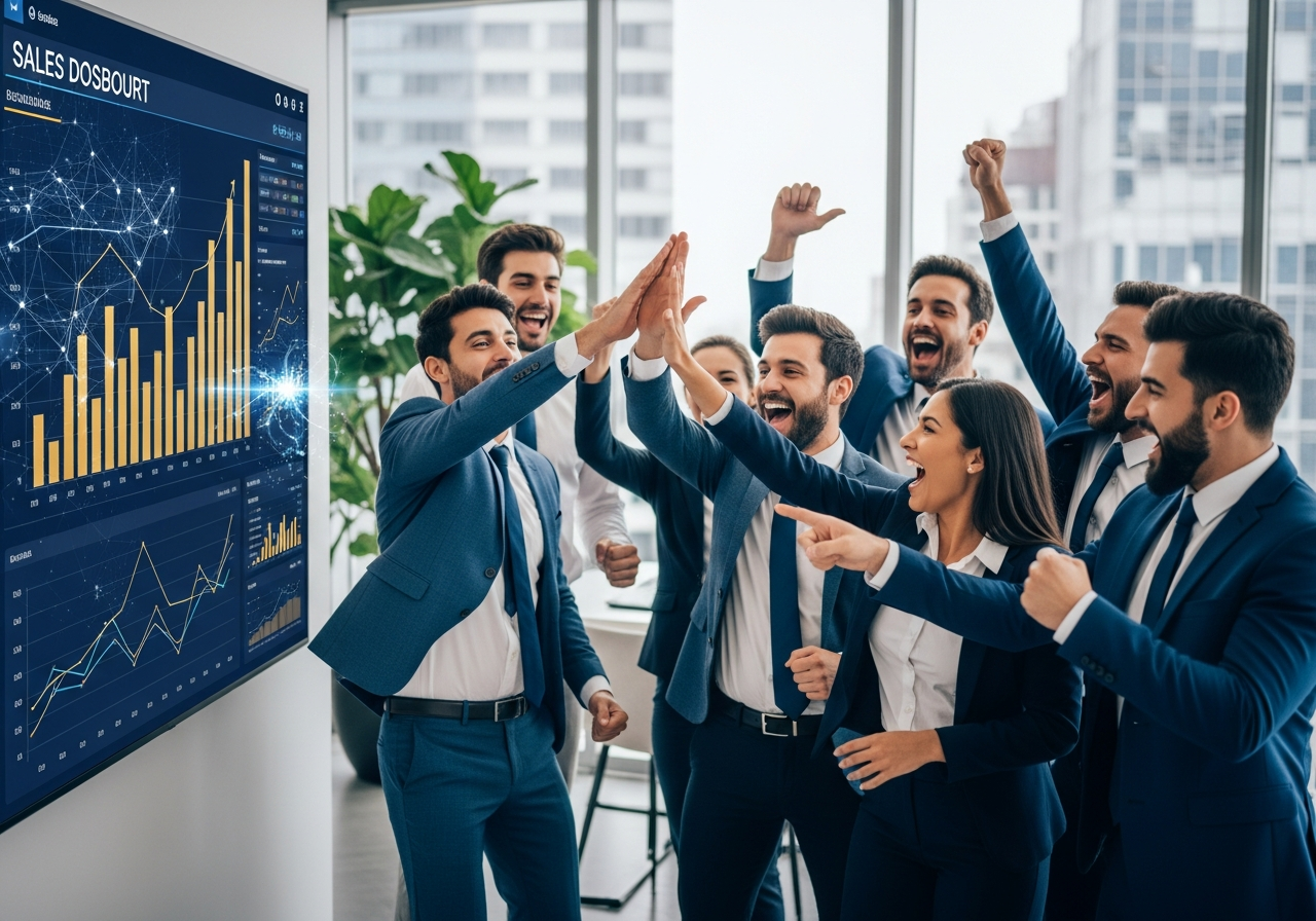 Sales team celebrating increased revenue with AI