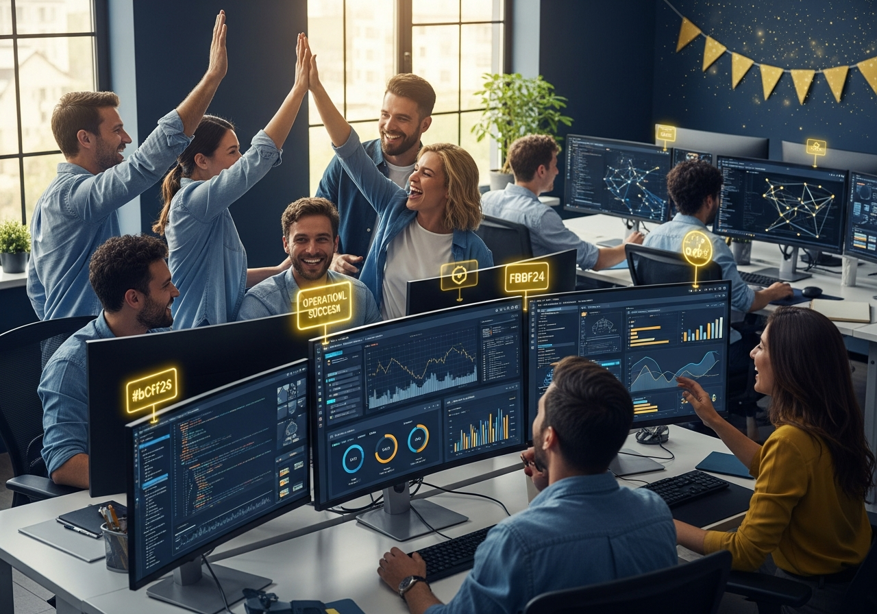 Developers celebrating successful AI model deployment