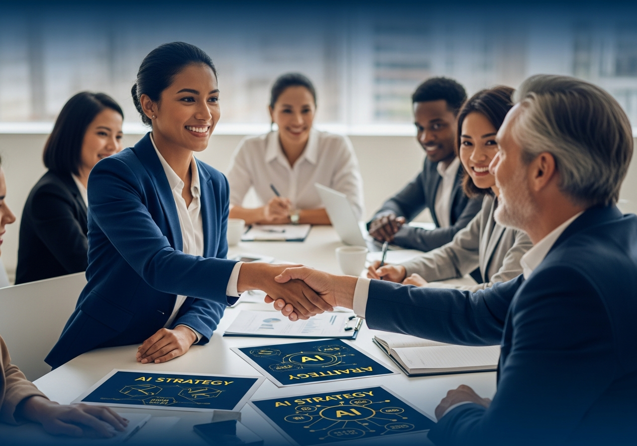 Business consultant advising client on AI strategy with trust