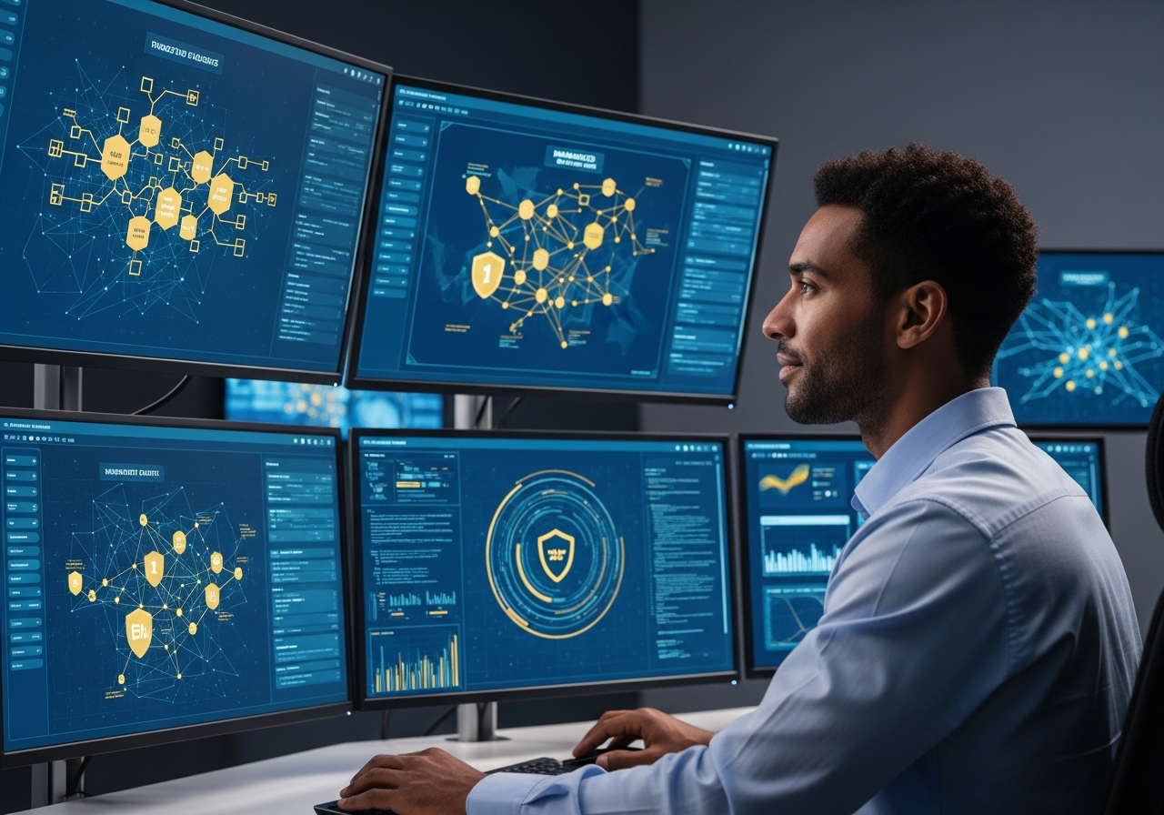 Security expert confidently monitoring AI-powered protection systems