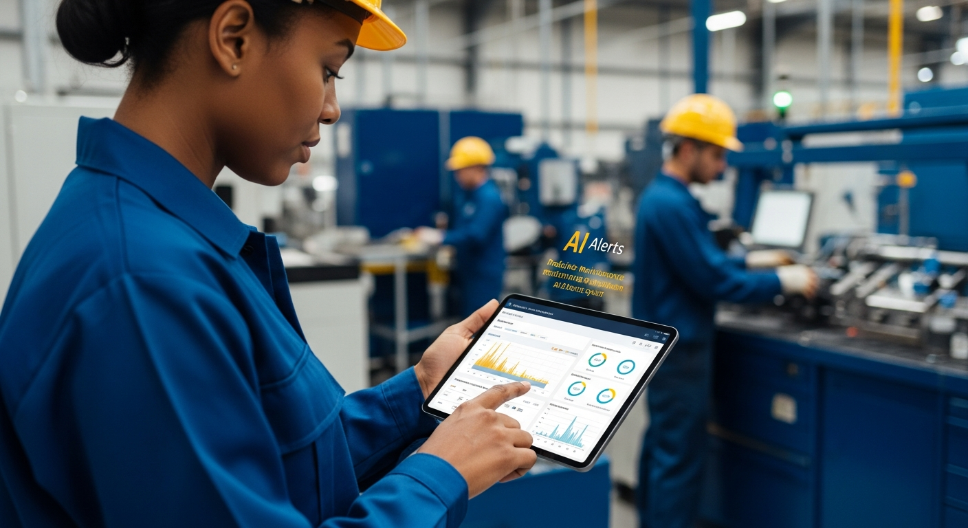 Manufacturing engineer monitoring AI predictive maintenance preventing downtime